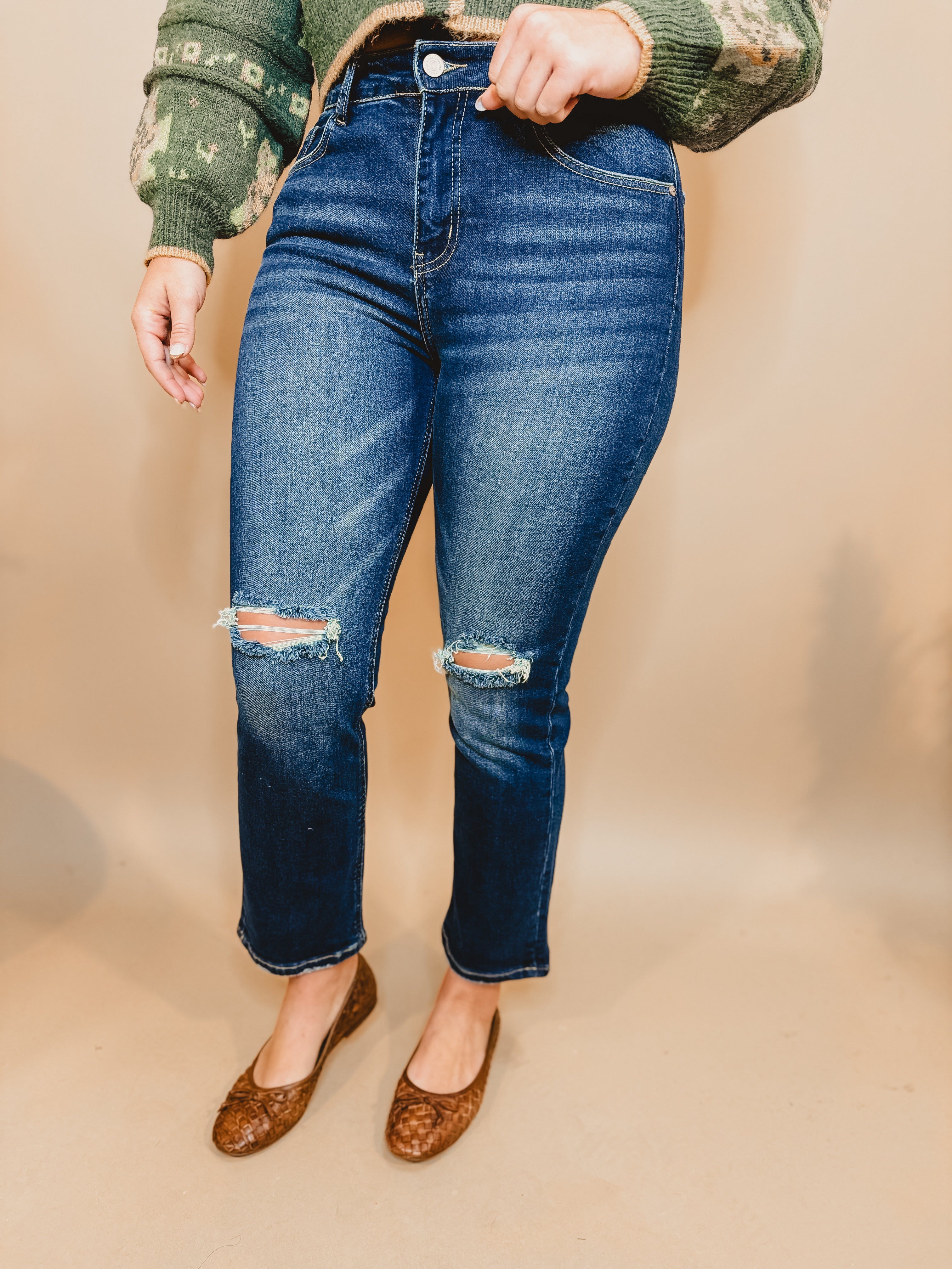 Rainey Distressed Cropped Mid Rise Jean - Dark Wash - Lace and Grace Boutique