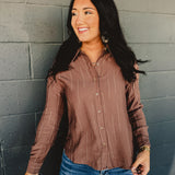 Line Pattern Collared Button Down Top - Brown
