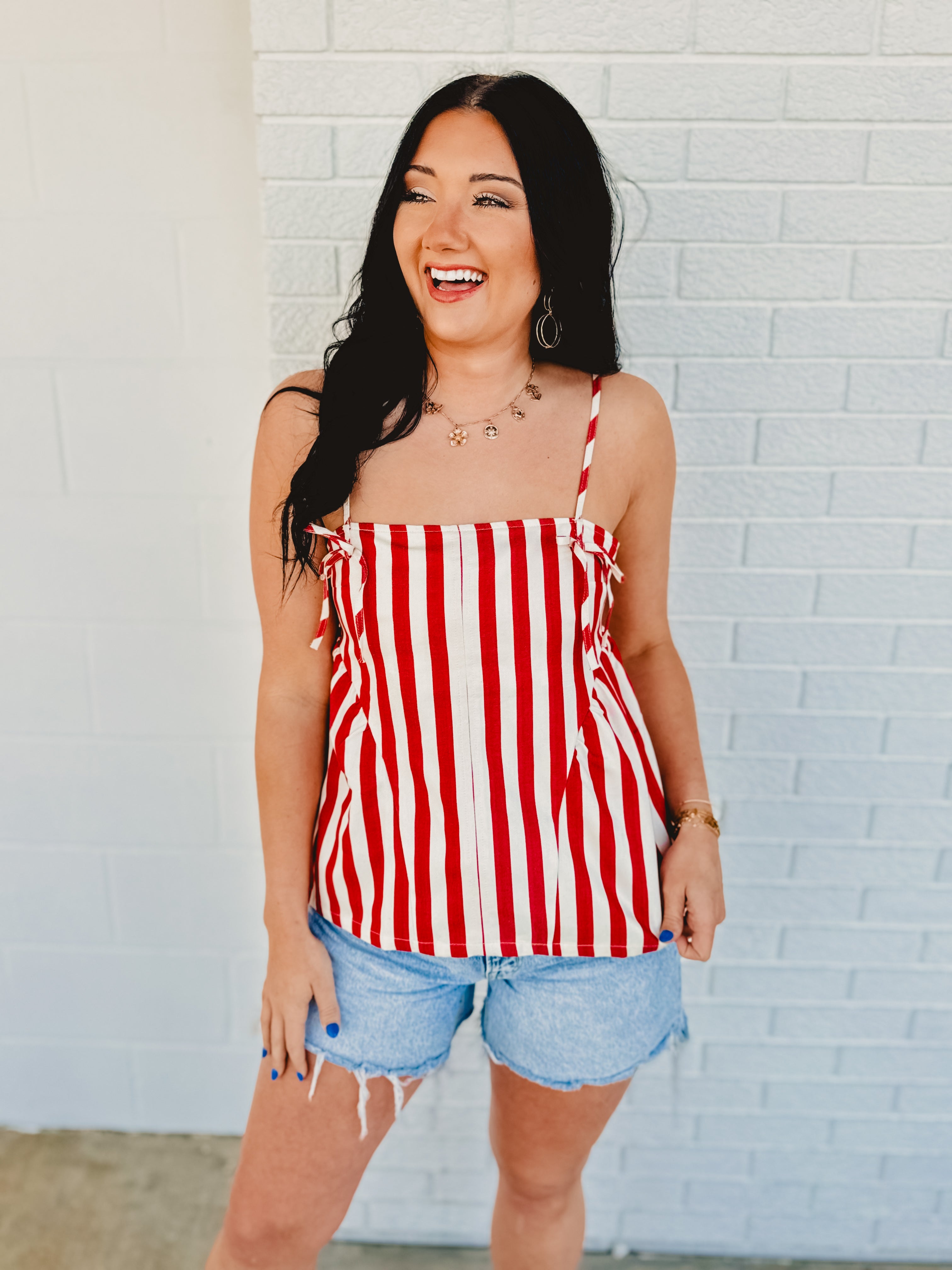 Striped Side Detail Tank - Red/ Ivory - Lace and Grace Boutique
