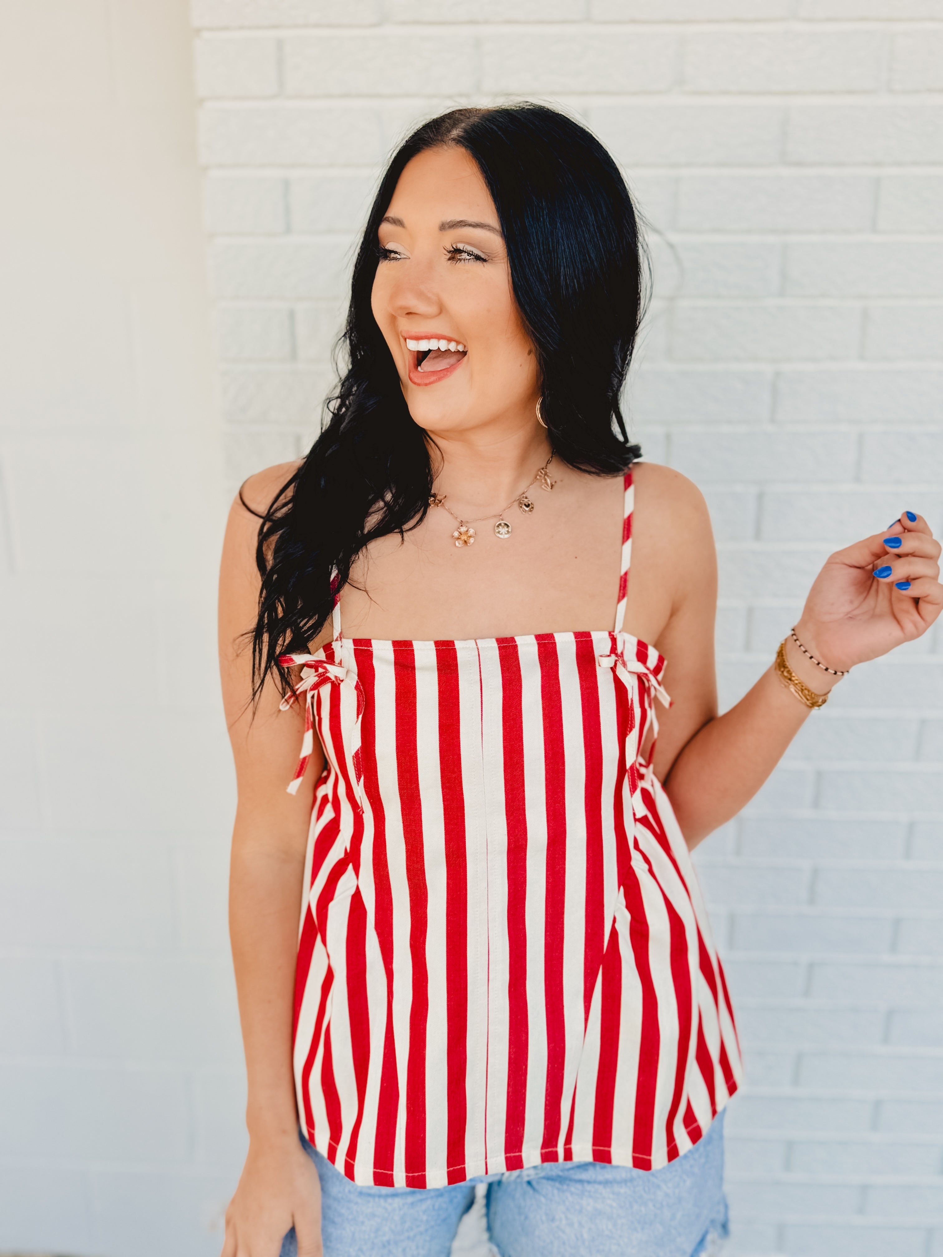 Striped Side Detail Tank - Red/ Ivory - Lace and Grace Boutique