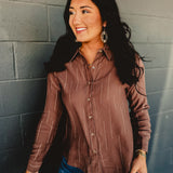 Line Pattern Collared Button Down Top - Brown