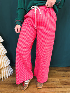 Check Print High Rise Drawstring Pants - Red Multi - Lace and Grace Boutique