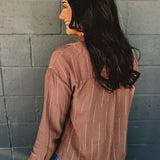 Line Pattern Collared Button Down Top - Brown