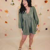 Pleated Long Sleeve Denim Romper - Olive