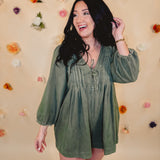 Pleated Long Sleeve Denim Romper - Olive