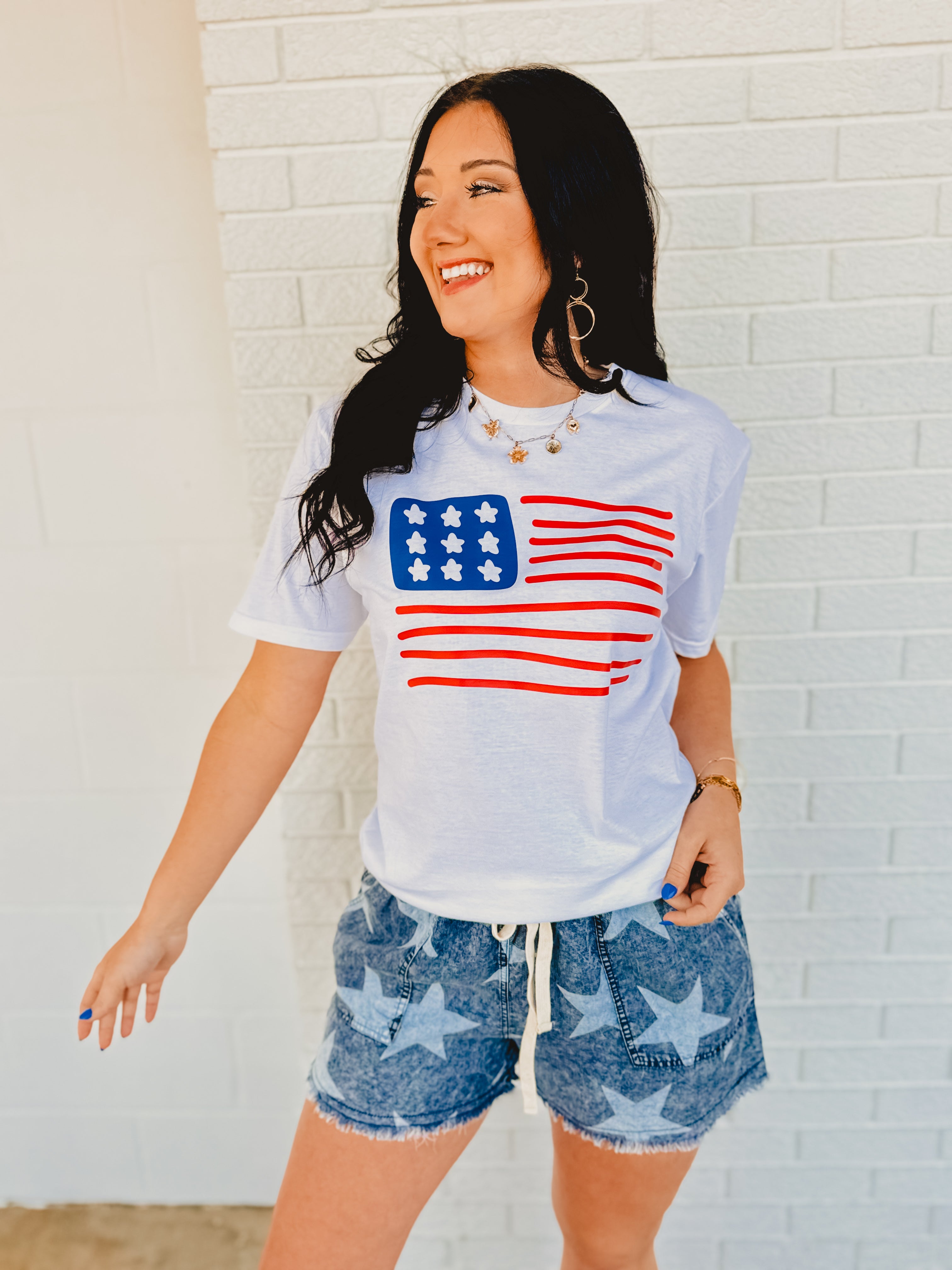 Mineral Washed Star Printed Shorts - Denim - Lace and Grace Boutique