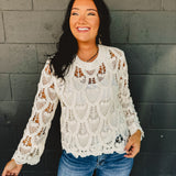 POL Solid Crochet Knit Long Sleeve Top - Ivory