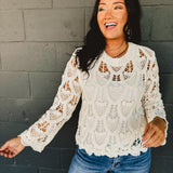 POL Solid Crochet Knit Long Sleeve Top - Ivory