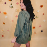 Pleated Long Sleeve Denim Romper - Olive