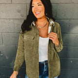 Corduroy & Plaid Reversible Shacket - Olive