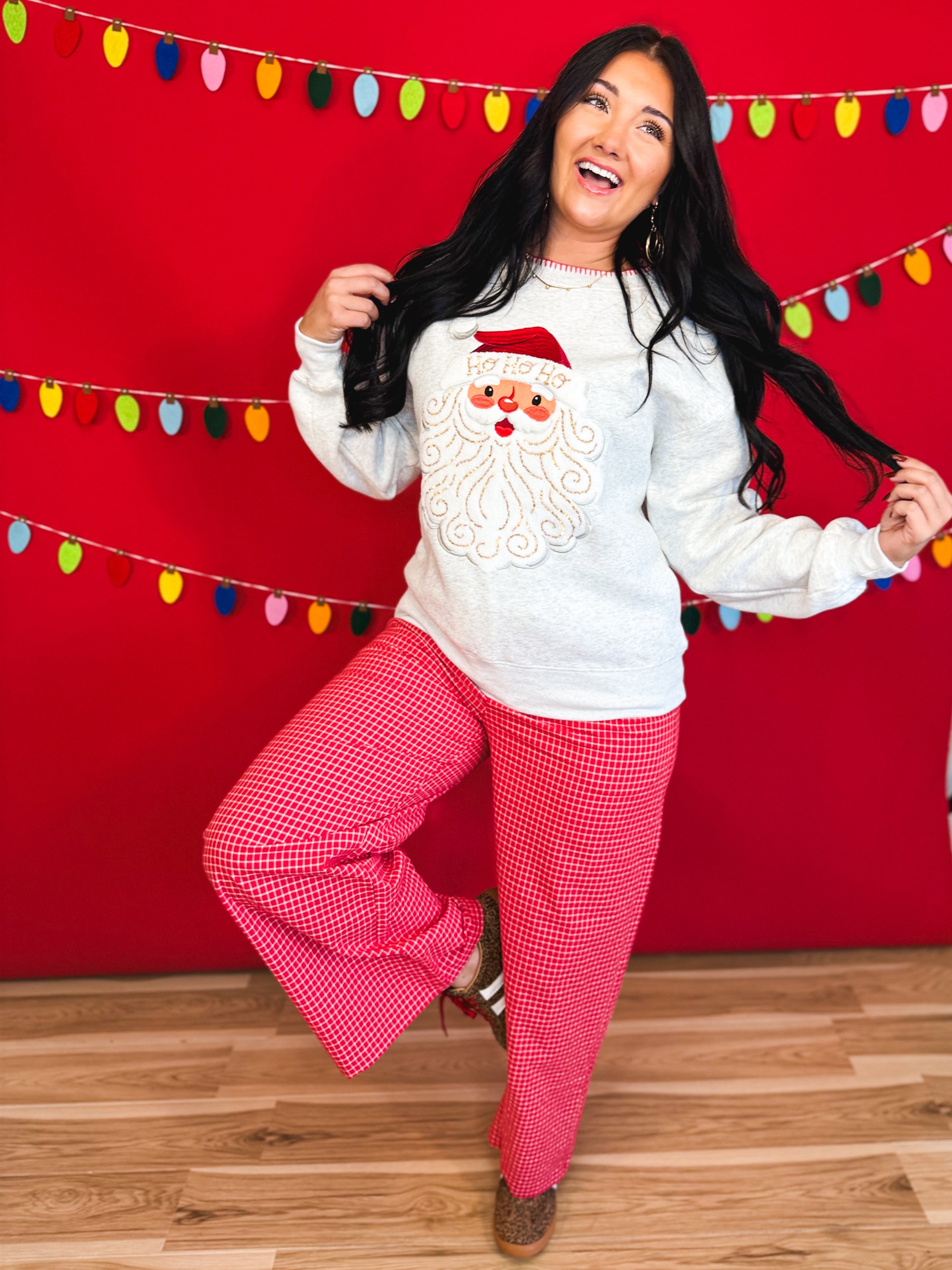 Santa Patch Embroidered French Terry Sweatshirt - Heather Grey - Lace and Grace Boutique