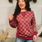 Checkered Drop Shoulder Pullover Top - Burgundy