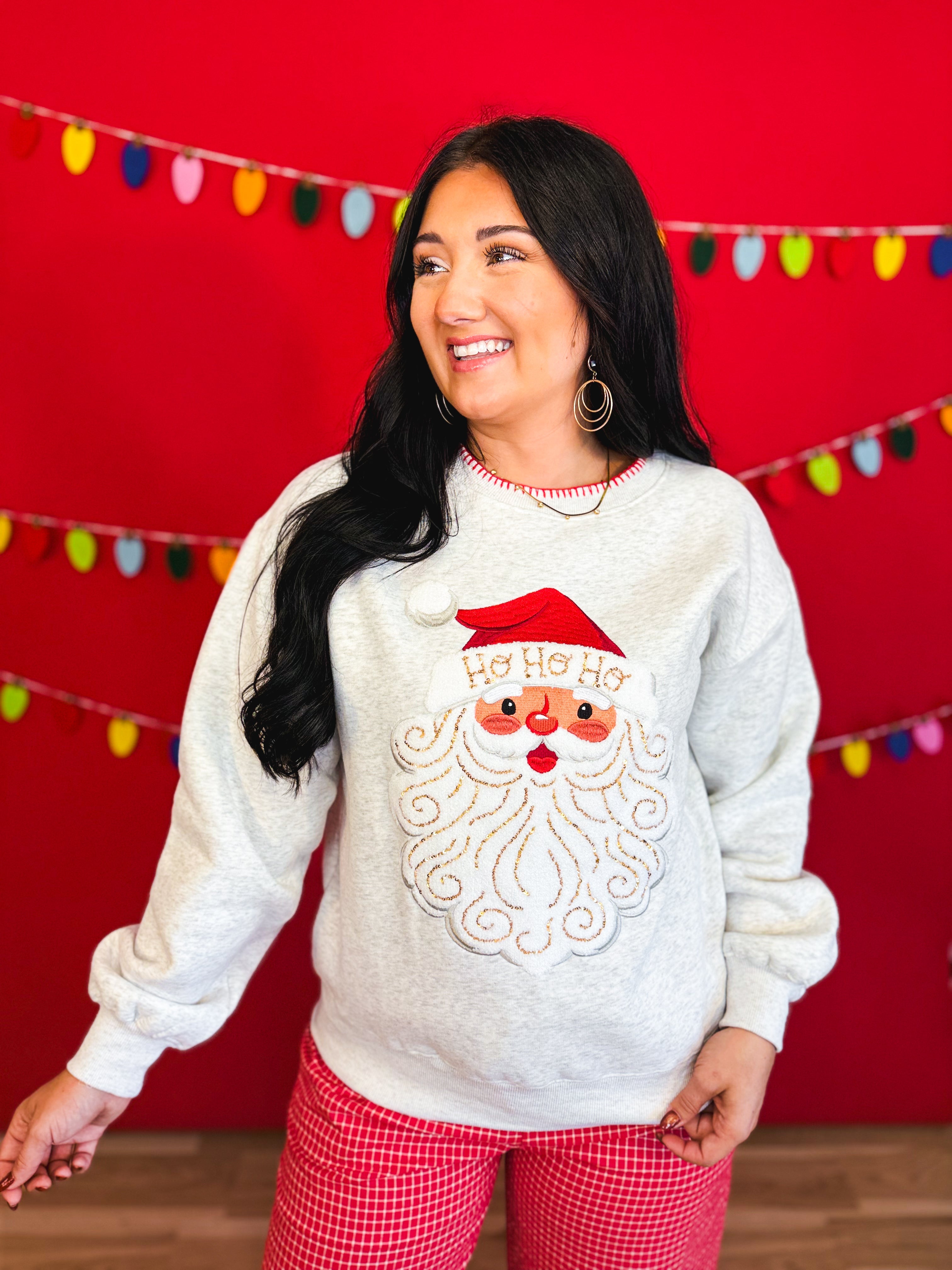 Santa Patch Embroidered French Terry Sweatshirt - Heather Grey - Lace and Grace Boutique