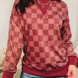 Checkered Drop Shoulder Pullover Top - Burgundy