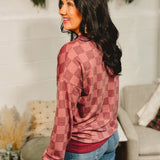 Checkered Drop Shoulder Pullover Top - Burgundy