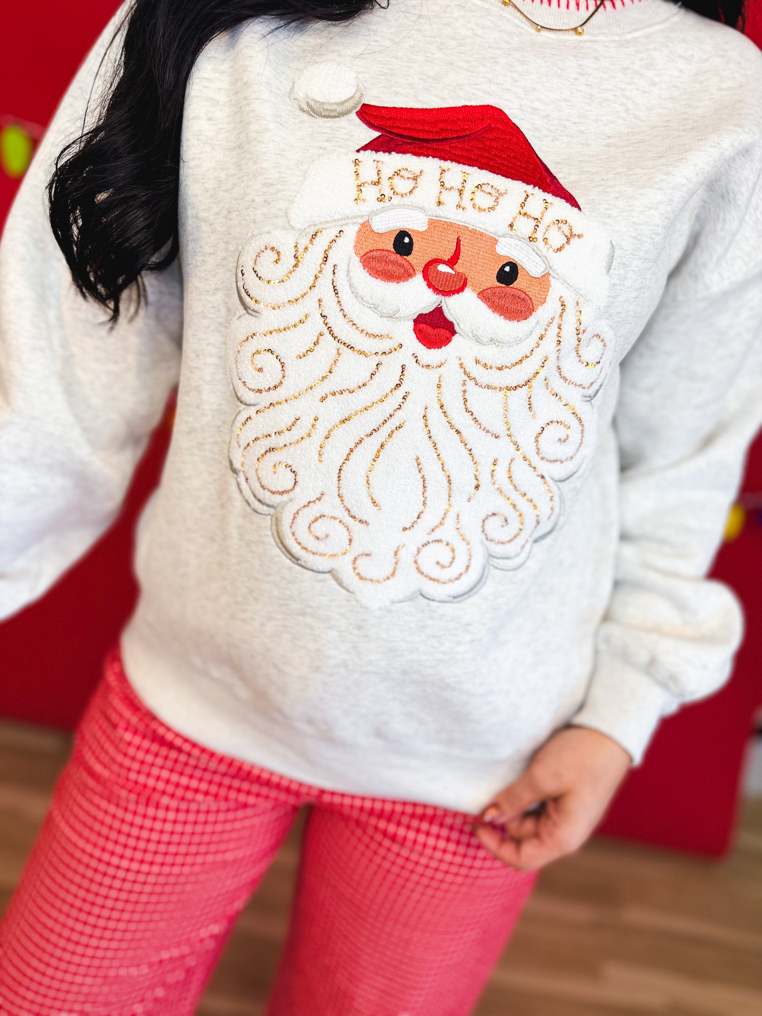 Santa Patch Embroidered French Terry Sweatshirt - Heather Grey - Lace and Grace Boutique