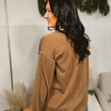 Ribbed Henley Contrast Trim Top - Chestnut