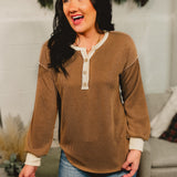 Ribbed Henley Contrast Trim Top - Chestnut