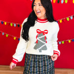 Plaid Tree Patch Contrast Trim Knit Sweater - White - Lace and Grace Boutique