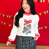 Plaid Tree Patch Contrast Trim Knit Sweater - White - Lace and Grace Boutique