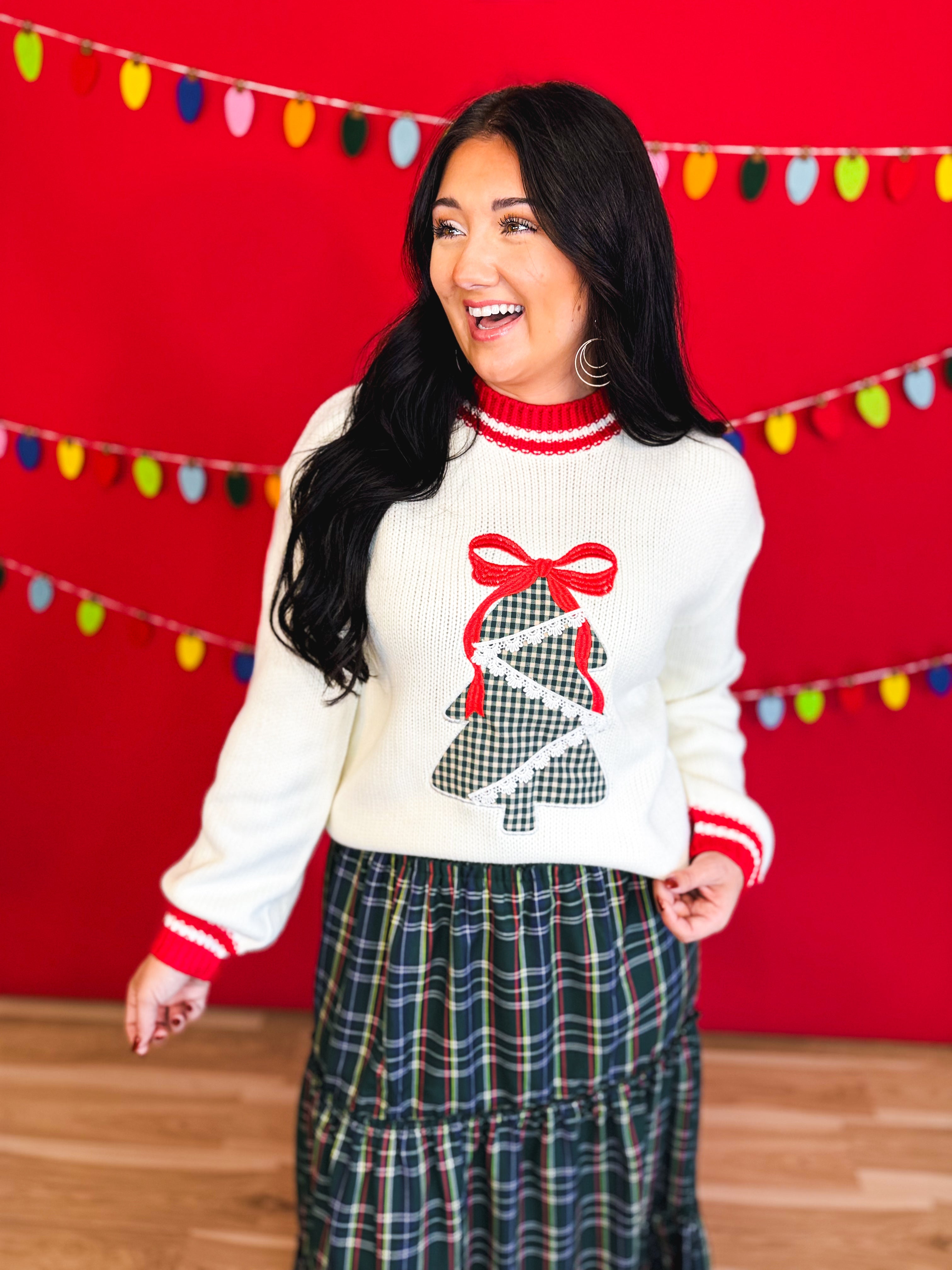 Plaid Tree Patch Contrast Trim Knit Sweater - White - Lace and Grace Boutique