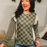 Checkered Long Sleeve Pullover Top - Olive