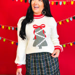 Plaid Tree Patch Contrast Trim Knit Sweater - White - Lace and Grace Boutique