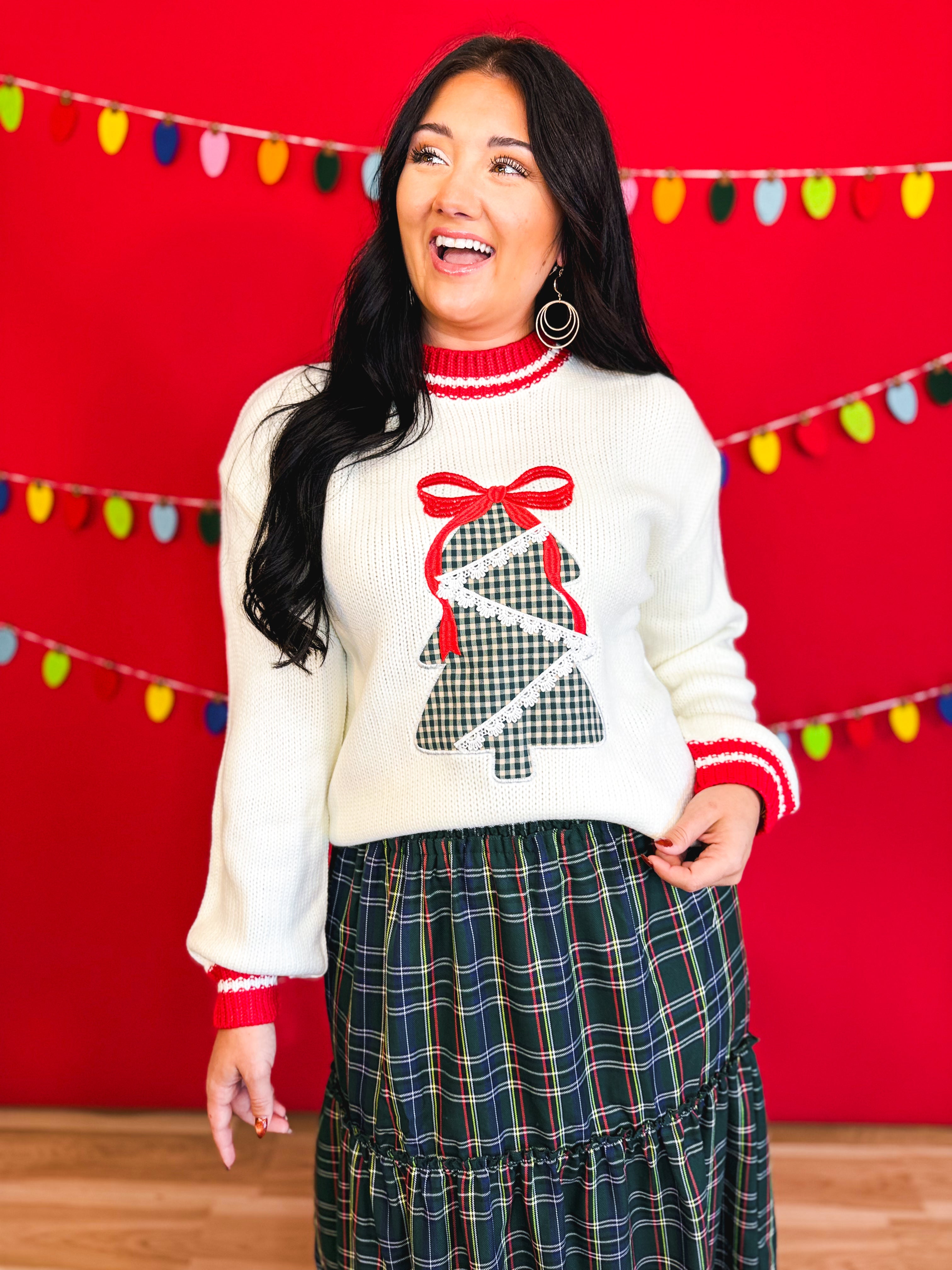 Plaid Tree Patch Contrast Trim Knit Sweater - White - Lace and Grace Boutique