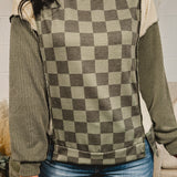 Checkered Long Sleeve Pullover Top - Olive