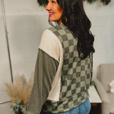Checkered Long Sleeve Pullover Top - Olive