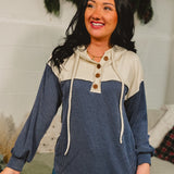 Ribbed Balloon Sleeve Drawstring Hoodie - Navy