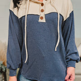 Ribbed Balloon Sleeve Drawstring Hoodie - Navy