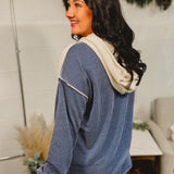 Ribbed Balloon Sleeve Drawstring Hoodie - Navy