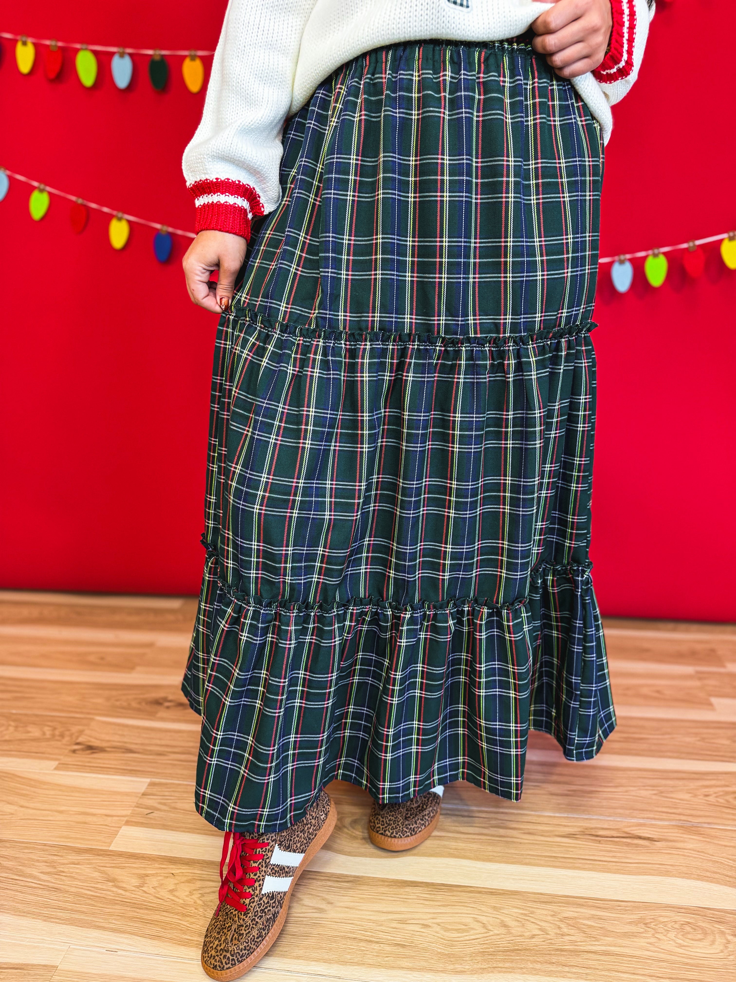 Christmas Plaid Tiered Maxi Skirt - Hunter Green - Lace and Grace Boutique