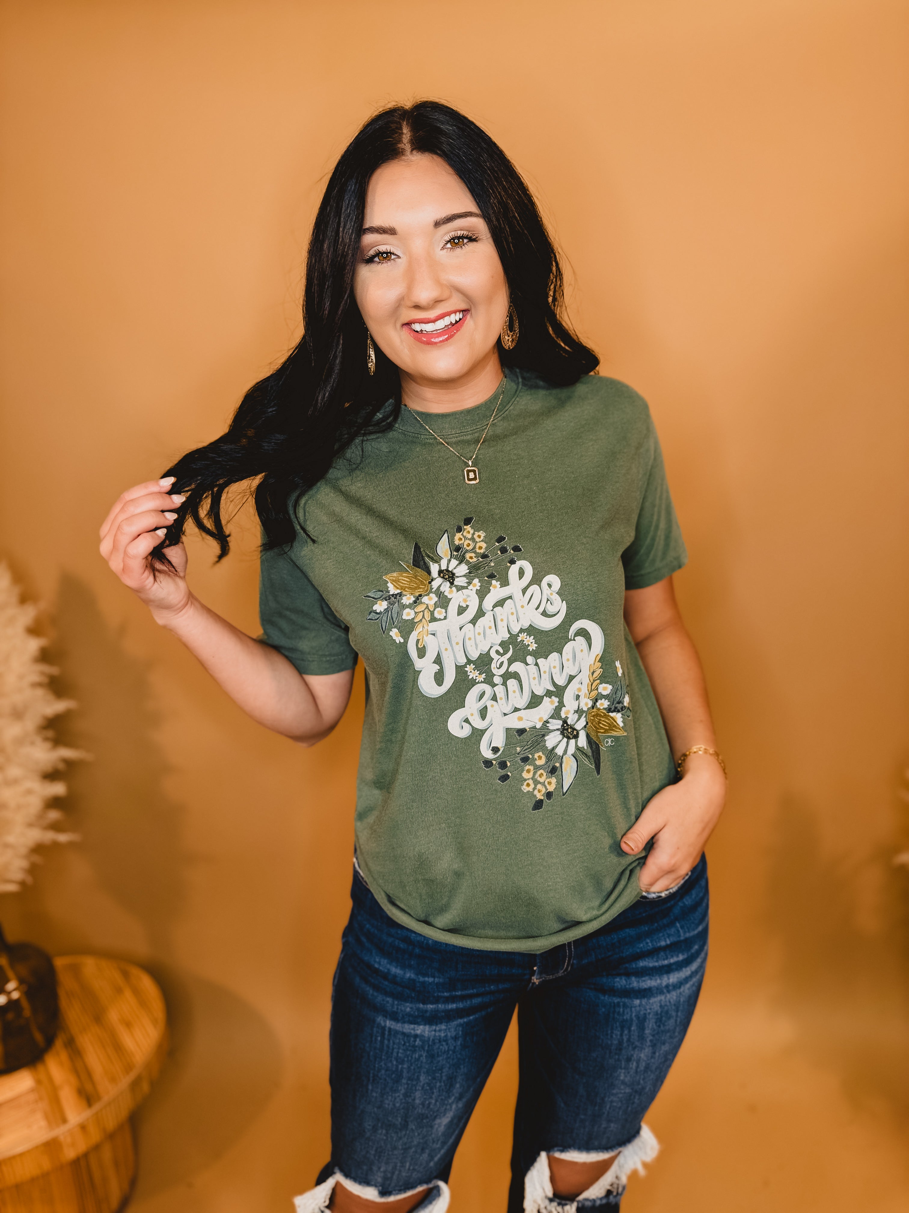 Thanks & Giving Graphic Tee - Olive - Lace and Grace Boutique
