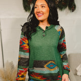 Aztec Print Button Detail Hooded Pullover - Hunter Green
