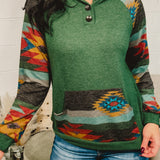 Aztec Print Button Detail Hooded Pullover - Hunter Green