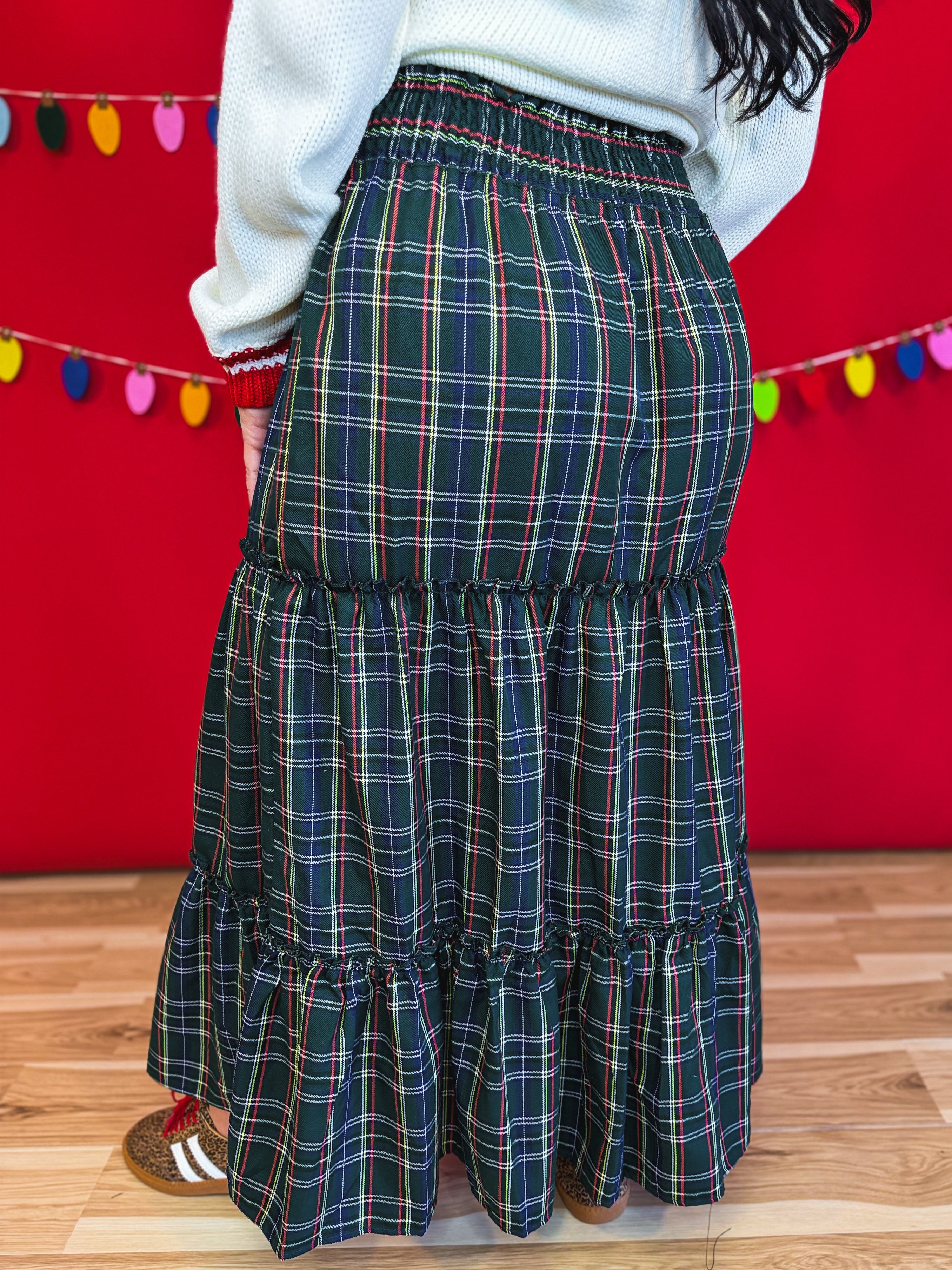 Christmas Plaid Tiered Maxi Skirt - Hunter Green - Lace and Grace Boutique
