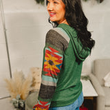 Aztec Print Button Detail Hooded Pullover - Hunter Green