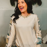 Camo Striped Sleeve Pullover - Beige