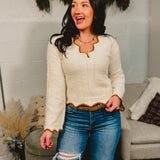 Scalloped Edge V-Neck Sweater - Ivory