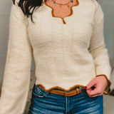 Scalloped Edge V-Neck Sweater - Ivory