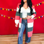 Christmas Color Block Long Knit Sweater Cardigan - Lace and Grace Boutique