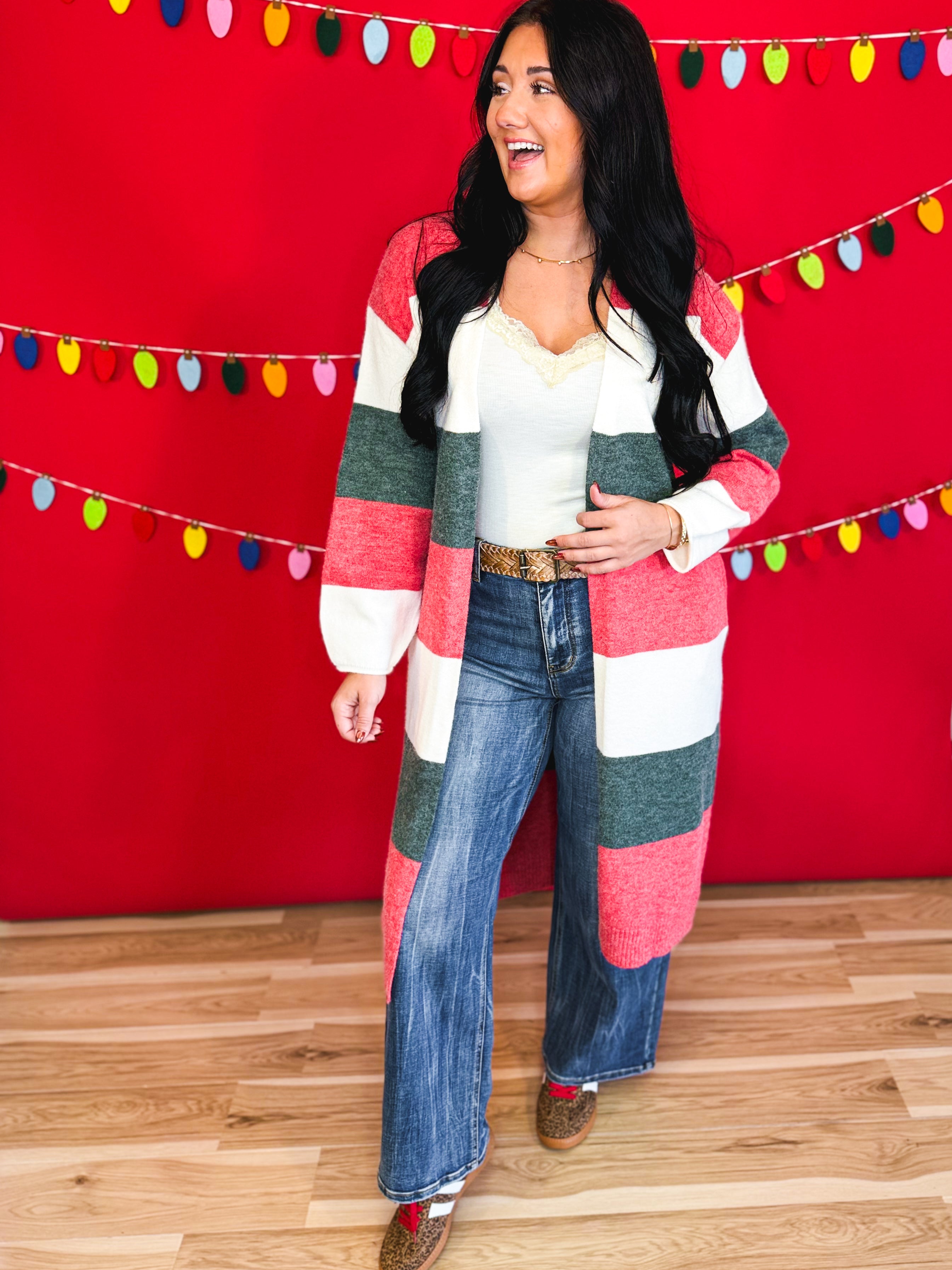 Christmas Color Block Long Knit Sweater Cardigan - Lace and Grace Boutique