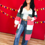 Christmas Color Block Long Knit Sweater Cardigan - Lace and Grace Boutique