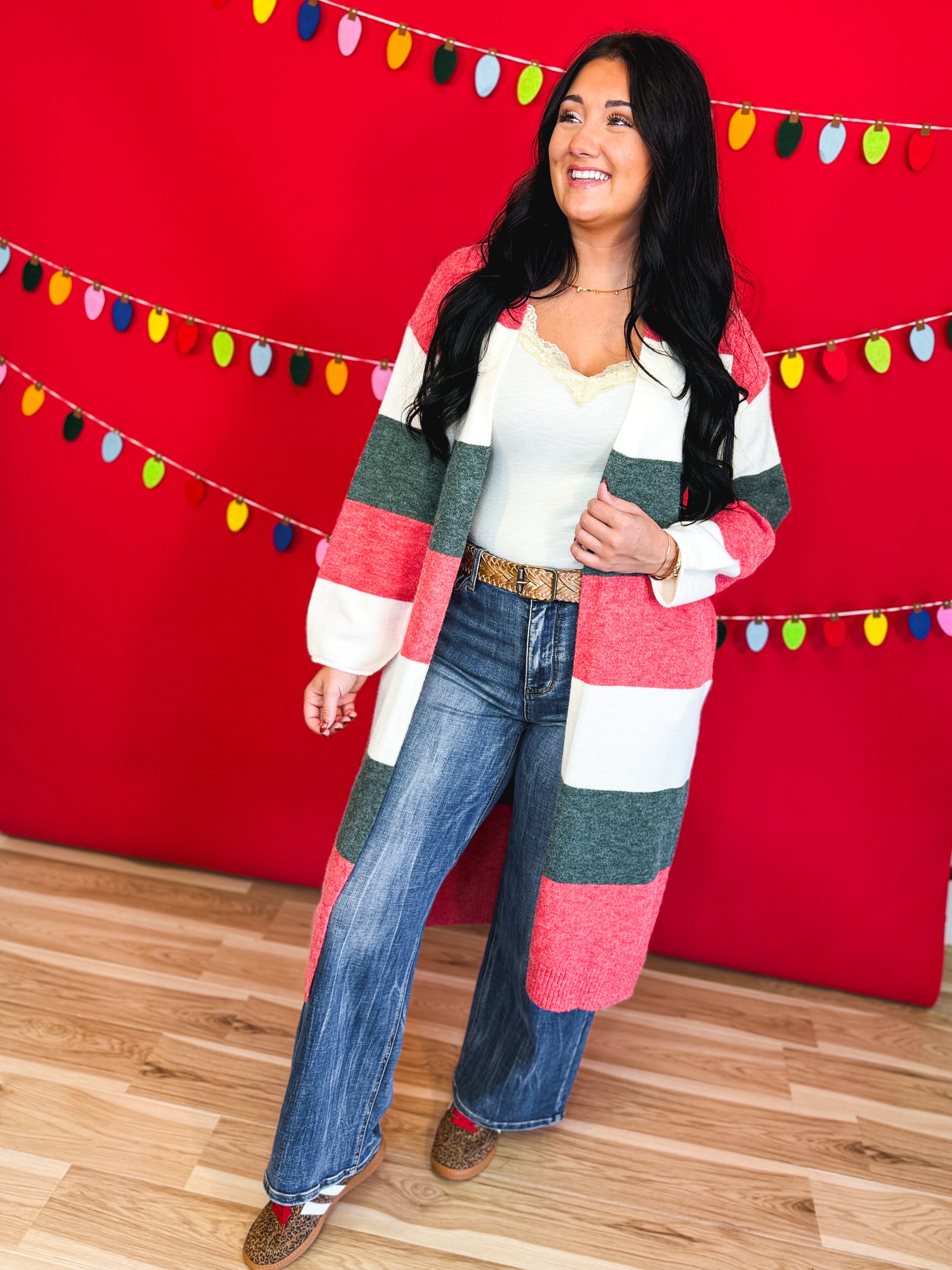 Christmas Color Block Long Knit Sweater Cardigan - Lace and Grace Boutique
