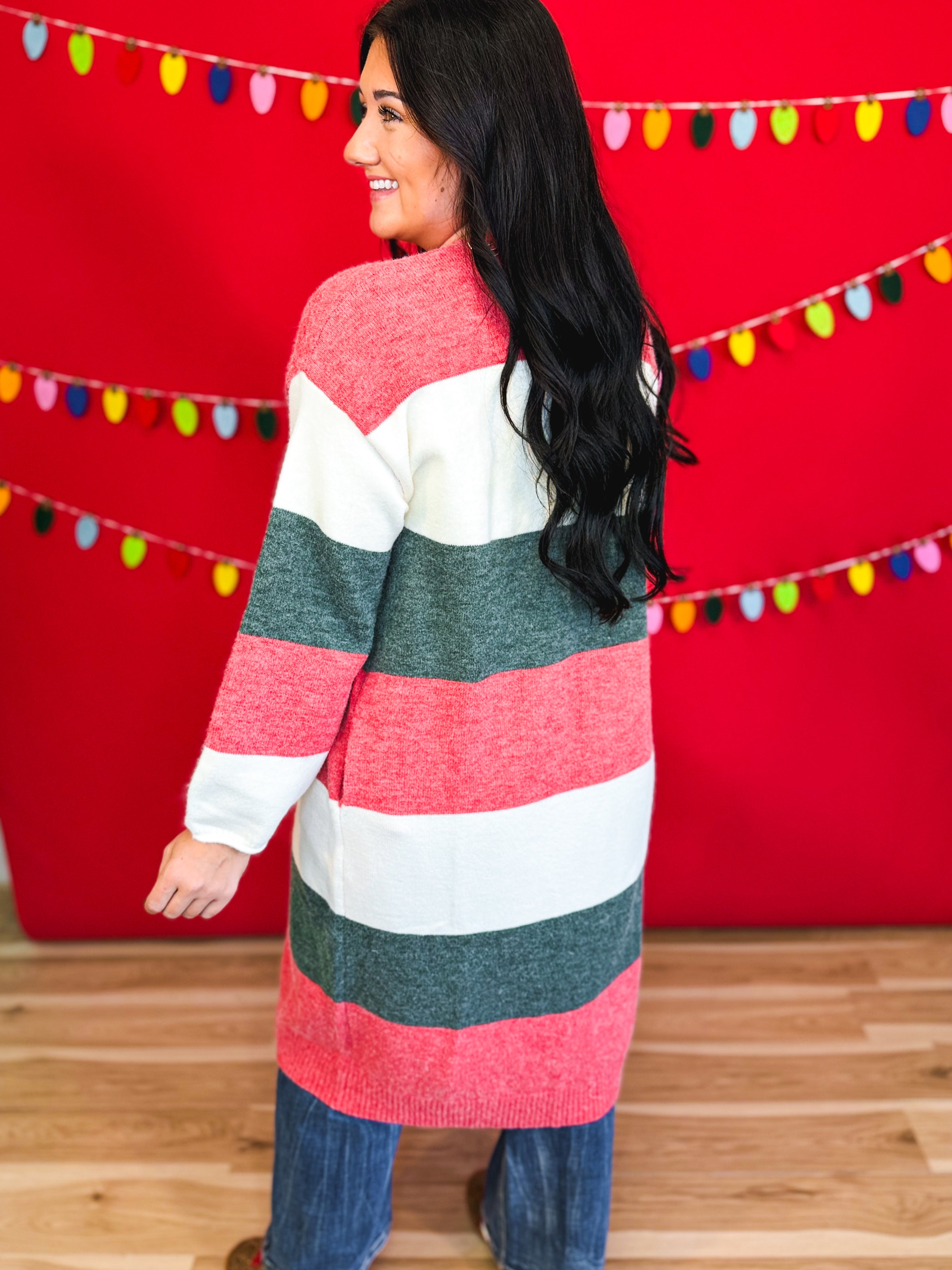 Christmas Color Block Long Knit Sweater Cardigan - Lace and Grace Boutique