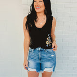 Floral Embroidery Front Tie Crochet Vest - Black