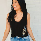 Floral Embroidery Front Tie Crochet Vest - Black