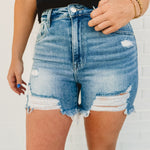 High Rise Distressed Mid-Thigh Risen Shorts - Light Denim - Lace and Grace Boutique